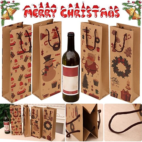 

1/2/4/8/12pcs sacos de presente de natal sacos de vinho de papel kraft com alças sacos de papel para garrafa de vinho sacos de embalagem de varejo