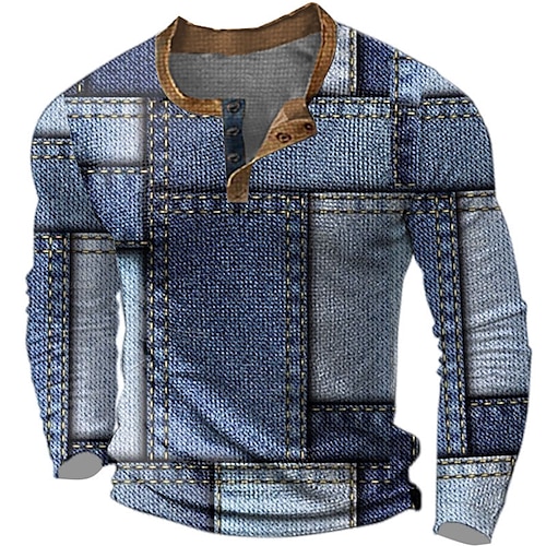 

Graphic Geometic Designer Retro Vintage Casual Men's 3D Print Henley Shirt Waffle T Shirt Sports Outdoor Holiday Festival T shirt Blue Brown Dark Blue Long Sleeve Henley Shirt Spring & Fall Clothing
