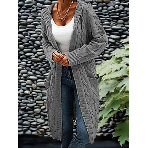 

Women's Cardigan Hooded Cable Knit Polyester Pocket Knitted Fall Winter Regular Outdoor Daily Going out Fashion Streetwear Casual Long Sleeve Solid Color Wine Army Green Purple S M L