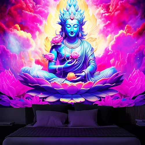 

Tapiz de luz negra, reactivo UV que brilla en la oscuridad, flor de Buda brumoso, paisaje natural, tapiz colgante, mural artístico de pared para sala de estar y dormitorio