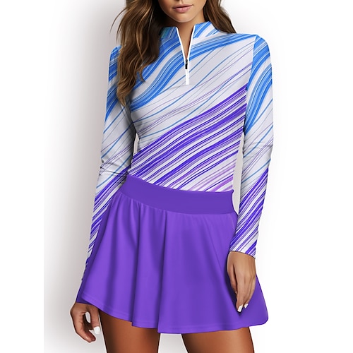 

Damen poloshirt Golfhemd Atmungsaktiv Schnelltrocknend Feuchtigkeitsableitung Langarm Golfbekleidung Golfkleidung Regular Fit Zip Stehkragen Streifen Frühling Herbst Tennis Golfspiel Pickleball