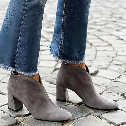 

Women's Boots Heel Boots Party Solid Color Booties Ankle Boots Winter Chunky Heel Round Toe Fashion Faux Suede Gray