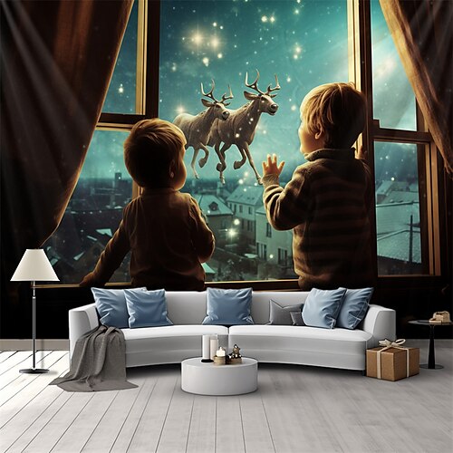 

Christmas Children Reindeers Hanging Tapestry Wall Art Xmas Large Tapestry Mural Decor Photograph Backdrop Blanket Curtain Home Bedroom Living Room Decoration