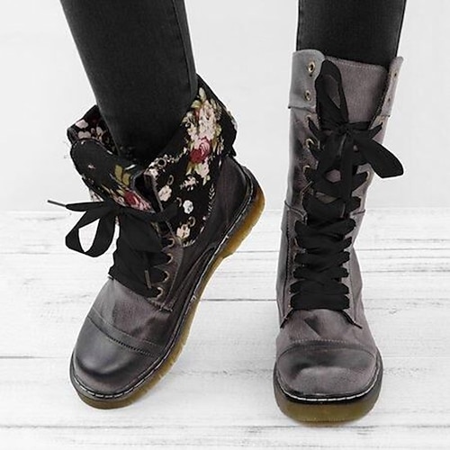 

Women's Boots Combat Boots Plus Size Lace Up Boots Outdoor Daily Mid Calf Boots Winter Buckle Flat Heel Round Toe Vintage Casual Minimalism PU Zipper Lace-up Solid Color Black Red Khaki