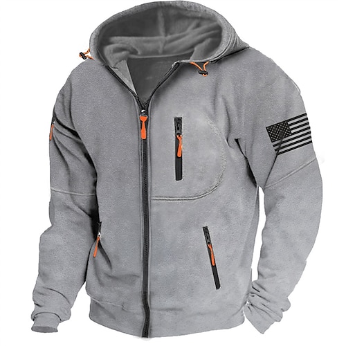 

American Flag Hoodie Mens Graphic Tactical Military National Fashion Daily Casual Outerwear Zip Vacation Going Streetwear Hoodies Dark Blue Gray Grey Fleece