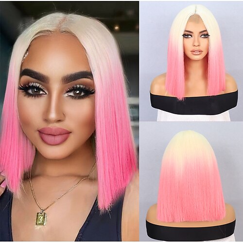 

Synthetische Spitzeperücke Kinky Glatt Stil 12 Zoll Rosa Mittelteil U-Teil Perücke Damen Perücke Cremig-weiß Schwarz Braun Gold Pink