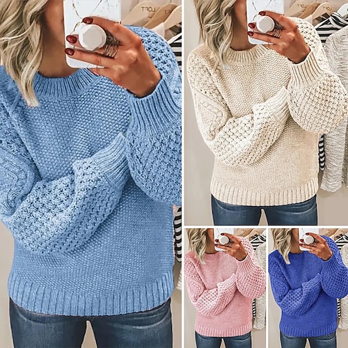 

Women's Pullover Sweater Jumper Crew Neck Ribbed Knit Cotton Oversized Spring Fall Daily Going out Weekend Stylish Casual Soft Long Sleeve Solid Color Pink Royal Blue Blue S M L