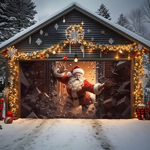 

Christmas Outdoor Garage Door Cover Santa Breaking Wall Xmas Door Banner Party Large Door Mural Christmas Backdrop Decoration for Holiday Home Wall Decorations