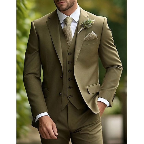 

Costume Homme Mariage Ensemble de 3 pièces Olive Couleur Pleine Coupe ajustée Droit deux boutons 2023