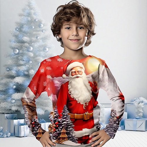 

Natal Para Meninos 3D Papai Noel Camiseta Camisa Manga Longa Impressão 3D Outono Inverno Esportes Moda Roupa de rua Poliéster Infantil 3-12 anos Gola Redonda Ao ar livre Casual Diário Normal