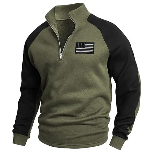 

Herren Sweatshirt Pullover Sweatshirt mit Viertelreißverschluss Armeegrün Troyer Halber Reißverschluss Farbblock Nationalflagge Patchwork Sport Natur Täglich Festtage Strassenmode Basic