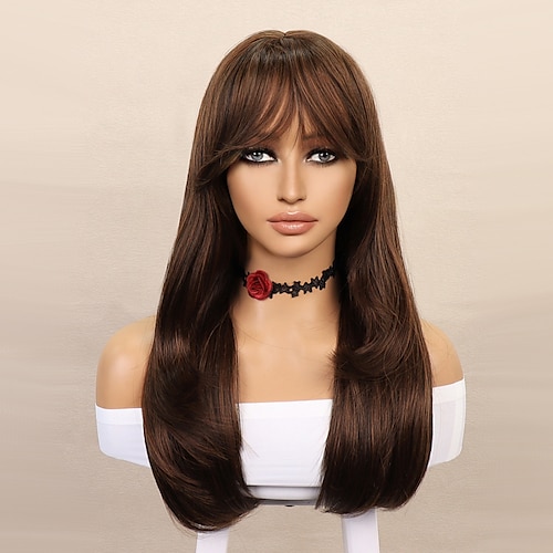 

Synthetic Wig Straight kinky Straight Neat Bang Machine Made Wig 20 inch Dark Brown sepia Synthetic Hair Women's Brown Dark Brown