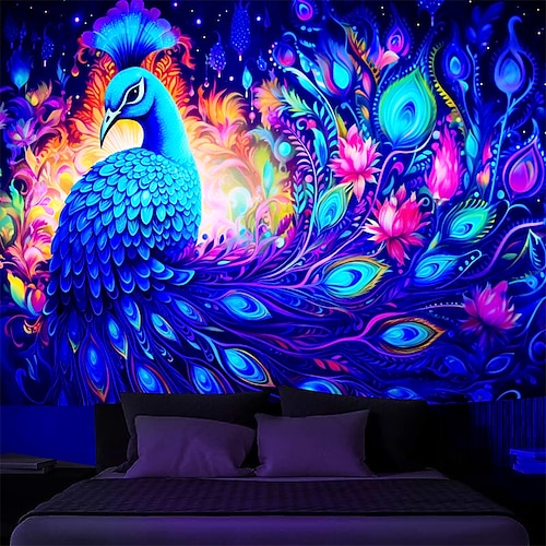 

Tapeçaria de luz negra brilho reativo uv no escuro pavão animal trippy enevoado natureza paisagem tapeçaria suspensa mural de arte de parede para sala de estar quarto