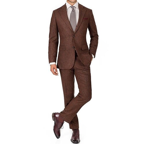 

Brown Men's Wedding Tweed Suits Solid Colored 2 Piece Retro Vintage Plus Size Single Breasted Two-buttons 2023