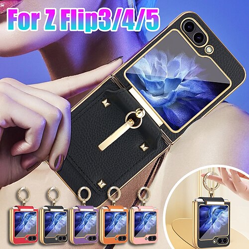 

teléfono Funda Para Samsung galaxia Z Flip 5 Z Flip 4 Z Flip 3 Funda Trasera con Soporte Protector de lente de cámara Hebilla de anillo Retro ordenador personal Cuero de PU