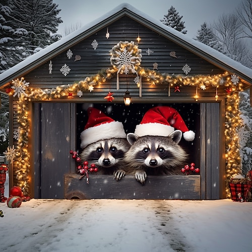 

Natal ao ar livre capa de porta de garagem animais guaxinins banner de porta de natal festa grande mural de porta decoração de cenário de natal para decorações de parede de casa de férias