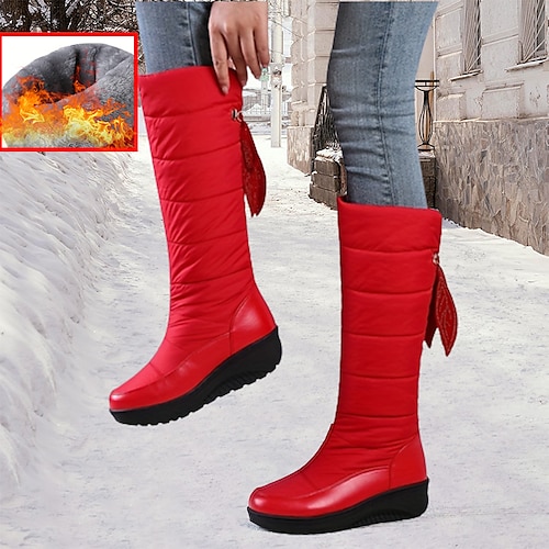 

Femme Bottes Bottes de neige Grandes Tailles Bottes d'hiver du quotidien Doublé en Polaire Bottes genou Talon Plat Bout rond Pluche Décontractées Confort Polyuréthane Tissu Lacet Mocassins Couleur