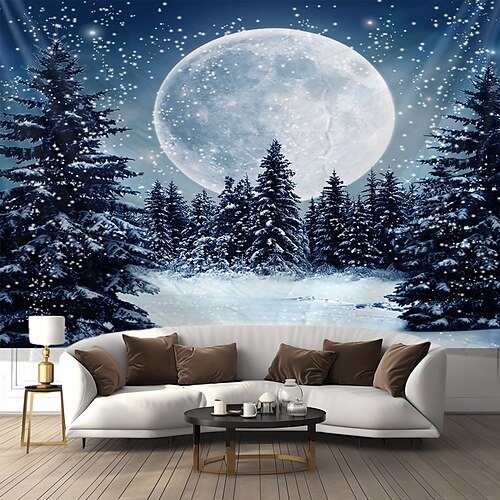 

Tapiz colgante con vista de nieve, arte de pared, luna de montaña, tapiz grande, decoración mural, fotografía, telón de fondo, manta, cortina, hogar, dormitorio, sala de estar