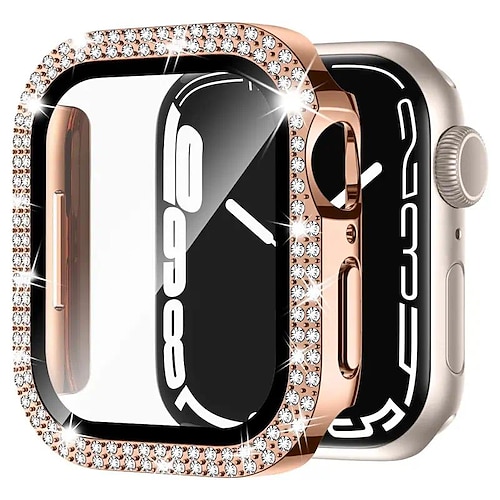 

2 Pack Watch Case with Screen Protector Compatible with Apple Watch Series 8 7 41mm 45mm / Series 6 5 4 SE 40mm 44mm / Series 3 2 1 38mm 42mm Scratch Resistant Bling Diamond HD Clear Tempered Glass