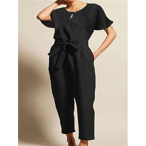 

Women's Jumpsuit Lace up Pocket Solid Color Round Neck Streetwear Daily Vacation Regular Fit Short Sleeve Black Navy Blue Brown S M L Fall