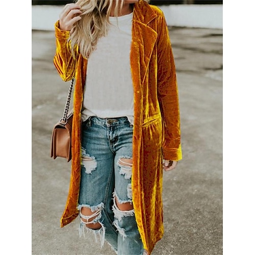 

Women's Velvet Trench Coat Christmas Party Long Overcoat Winter Open Front Lapel Pea Coat Windproof Warm Street Xmas Jacket Long Sleeve with Pockets Dark Grey Black Yellow