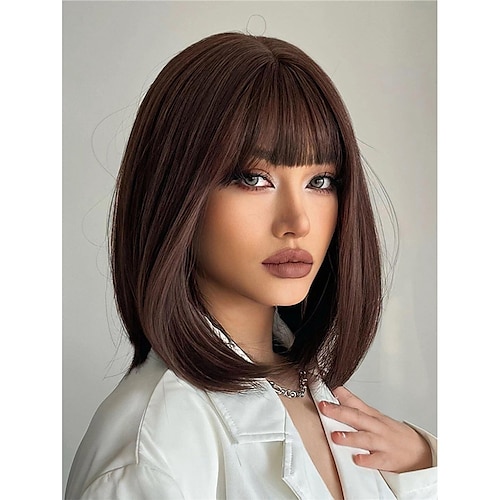 

Gorgeous Chocolate brown Bob Wig with Flattering Bangs - Make a Statement