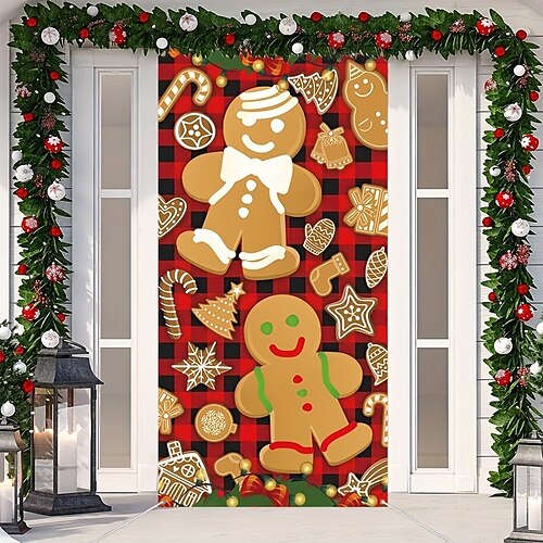 

Christmas Gingebread Man Xmas Door Covers Door Tapesty Door Curtain Decoration Backdrop Door Banner for Front Door Farmhouse Christmas Holiday Party Decor Supplies