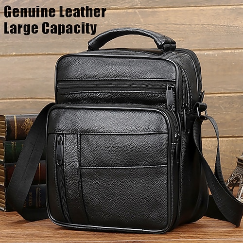 

Men's Crossbody Bag Shoulder Bag Satchel Leather Office Daily Holiday Zipper Large Capacity Durable Solid Color Black