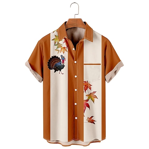 

Maple Leaf Turkey Casual Men's Shirt Outdoor Street Thanksgiving Fall Turndown Short Sleeve Yellow Brown S M L Shirt