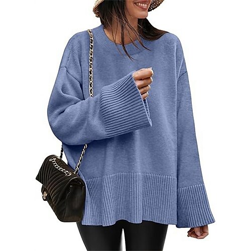 

Damen Pullover Rundhalsausschnitt Gerippt Stricken Acryl Gespleisst Herbst Winter Standard Outdoor Täglich Ausgehen Stilvoll Brautkleider schlicht Weich Langarm Feste Farbe Schwarz Weiß Rosa S M L