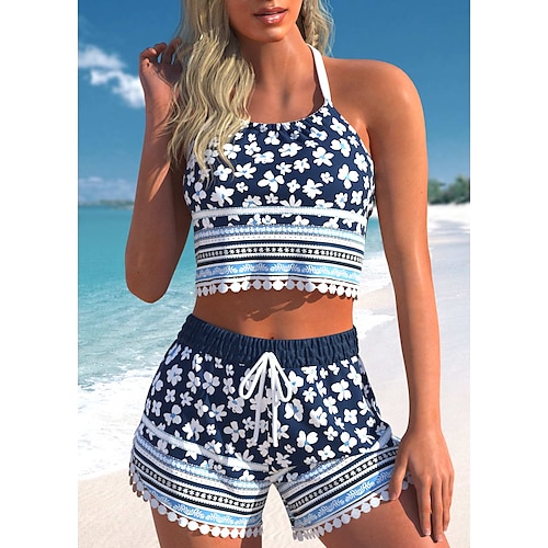 

Mulheres Roupa de Banho Tankini 2 partes Normal roupa de banho 2 Peças Estampado Floral Azul Oceano Malha Íntima Fatos de banho Sensual Roupa de Praia Verão