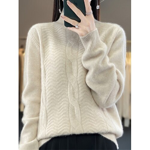

Mulheres Pulôver suéter Colarinho Chinês Cabo Tricotar Acrílico Tricotado Outono Inverno Padrão Ao ar livre Diário Para Noite Moda Casual Macia Manga Longa Côr Sólida Rosa Camelo Roxo Tamanho Único