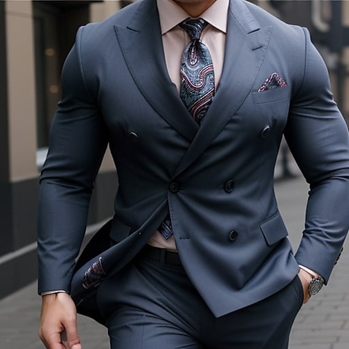 

Marineblau Armeegrün Herren Hochzeit Anzüge Suits Einfarbig 2-teiliges Set Modisch Slim Fit Zweireihig 6 Knöpfe 2023