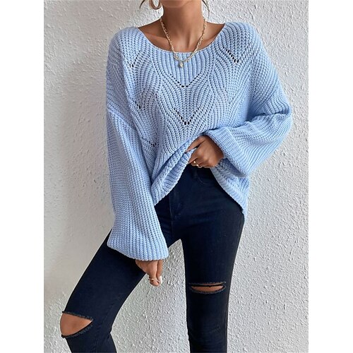 

Mujer Suéter de punto Cuello Barco Estriado Tejer Acrílico Ahuecado Otoño Invierno Regular Exterior Diario Noche Elegante Casual Suave Manga Larga Color sólido Azul Piscina S M L