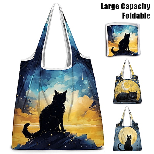 

Women's Tote Shoulder Bag Hobo Bag Polyester Outdoor Shopping Daily Print Large Capacity Breathable Foldable Cat Character Navy Blue Royal Blue Dark Blue