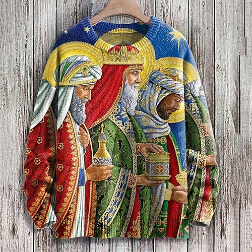 

Jesus Retro Vintage Men's Print Knitting Pullover Sweater Jumper Knitwear Outdoor Daily Vacation Long Sleeve Crewneck Sweaters Blue Fall Winter S M L Sweaters