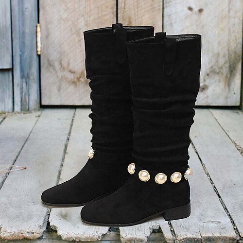 

Damen Stiefel Wildlederschuhe Slouchy-Stiefel Übergrössen Outdoor Täglich Kniehohe Stiefel Imitationsperle Blockabsatz Runde Zehe Vintage Brautkleider schlicht Minimalismus Kunst-Veloursleder