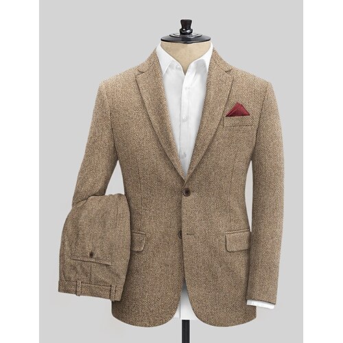 

Khaki Herren Hochzeit Tweed -Anzüge Fischgrätenmuster 2-teiliges Set Retro Vintage Übergrössen Einreiher - 2 Knöpfe 2023