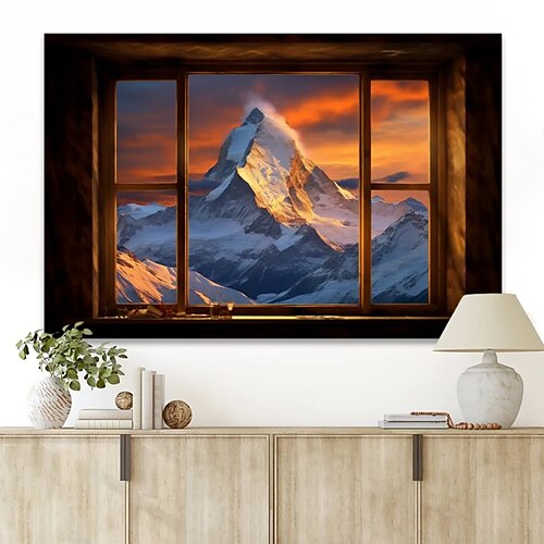 

Landschafts-Wandkunst-Leinwand, falsches Fenster, Sonnenuntergang über schneebedeckten Bergen, Drucke und Poster, Landschaftsbilder, dekorative Stoffmalerei für Wohnzimmer, Bilder ohne Rahmen