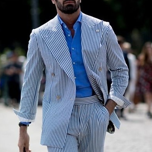 

Ternos de casamento seersucker masculinos, azul claro, primavera e verão, listrado, 2 peças, casual, plus size, trespassado duplo, seis botões, 2023