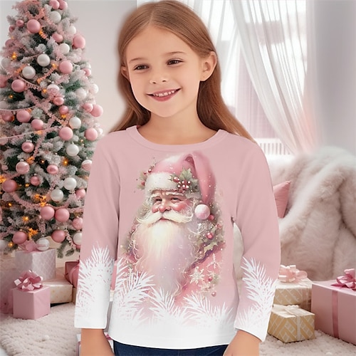 

Noël Fille 3D père Noël Tee-shirts Chemise Rose manche longue 3D effet Automne Hiver Actif Mode Le style mignon Polyester Enfants 3-12 ans Col Ras du Cou Extérieur Casual du quotidien Standard