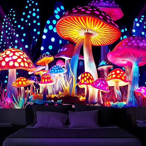  cogumelo fantasia luz negra tapeçaria brilha no escuro festa brilhante uv reativo psicodélico paisagem natural tapeçaria pendurada arte de parede mural para sala de estar quarto