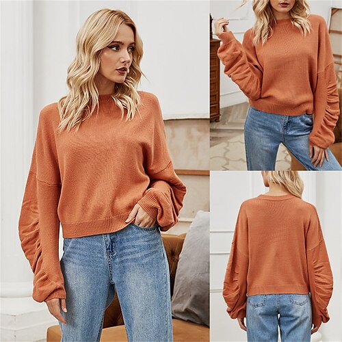 

Pull Femme A côtes Tricoter Col Ras du Cou Acrylique énorme Automne Hiver Normal Extérieur du quotidien Sortie mode Décontractées Flexible manche longue Couleur unie Orange S M L