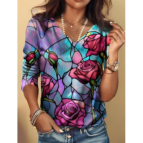 

Women's T shirt Tee Floral Red Purple Print Long Sleeve Holiday Weekend Fashion V Neck Regular Fit Spring Fall