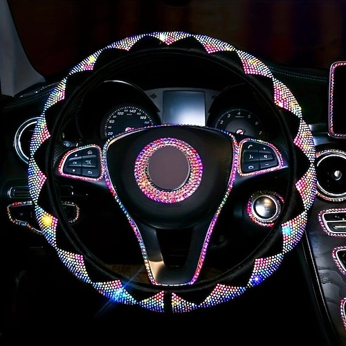 

Cubierta del volante del coche con diamantes de imitación coloridos de cristal de lujo universal 15 pulgadas antideslizante bling protector del volante del coche accesorios del coche