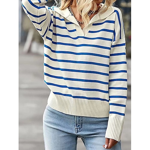 

Mujer Suéter de punto Cuello Camisero Estriado Tejer Poliéster De Punto Otoño Invierno Regular Exterior Diario Noche Moda Ropa de calle Casual Manga Larga A Rayas Negro Rojo Azul Piscina XS S M