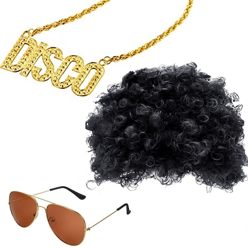 

Hippie Disco Costume Set Men Women Funky Afro Wig Sunglasses Necklace for 50/60/70s Disco Theme Party