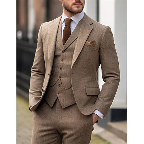 

Cáqui Masculino Casamento Tweed Suits Cor Sólida Conjunto de 3 peças Retro Vintage Tamanhos Grandes Comum 2 Botões 2023