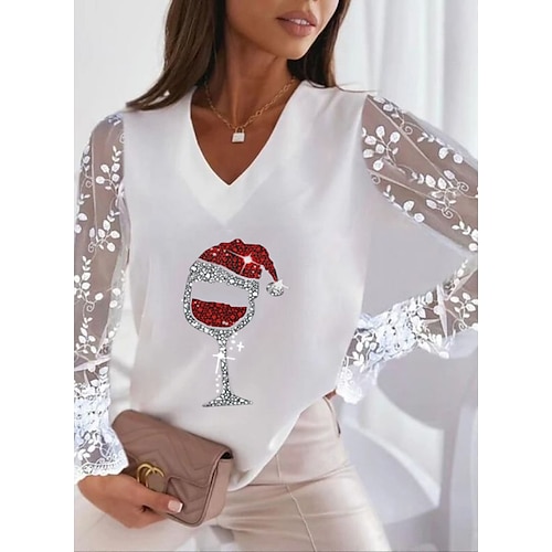 

Women's T shirt Tee Christmas Shirt Mesh Graphic Reindeer Sparkly Flare Cuff Sleeve Silver White Wine Patchwork Lace Trims Rhinestone Long Sleeve Party Christmas Casual Christmas V Neck Regular Fit