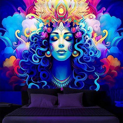 

Tapeçaria de luz negra brilho reativo uv na deusa floral trippy enevoado natureza paisagem tapeçaria pendurada mural de arte de parede para sala de estar quarto